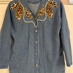 Denim Jacket with Leopard Print Accents
